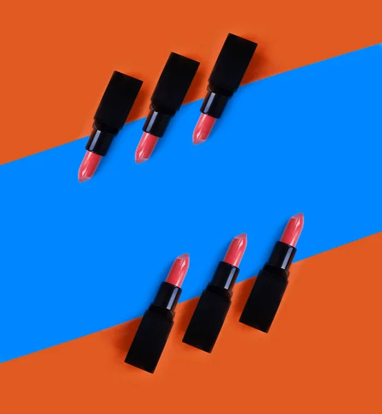 Lippenstift Auf Farbigem Hintergrund Make Beauty Accessoire — Stockfoto