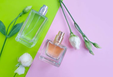 Renkli arka planda bir şişe parfümü çiçeği.