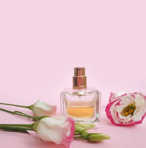 Üveg Parfüm Virág Egy Színes Háttér — Stock Fotó