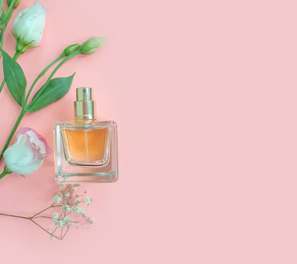 Fles Parfum Bloem Een Gekleurde Achtergrond — Stockfoto