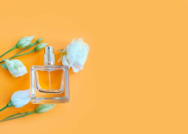 Renkli arka planda bir şişe parfümü çiçeği.