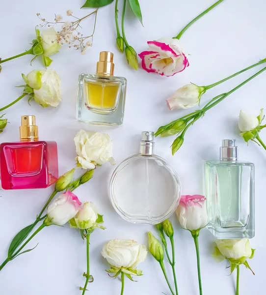 Bouteille Parfum Fleur Sur Fond Coloré — Photo