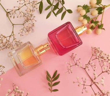 Renkli arka planda bir şişe parfümü çiçeği.