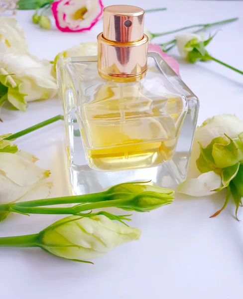 Bottle Perfume Flower Colored Background — Stock Photo, Image