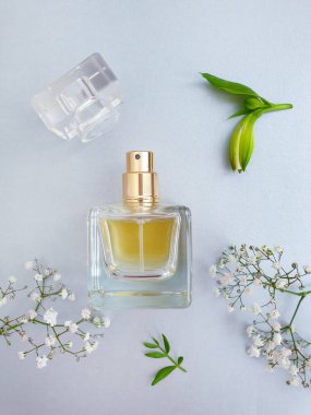 Renkli arka planda bir şişe parfümü çiçeği.