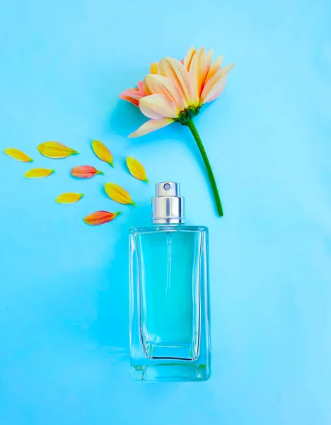 Flor Perfume Botella Sobre Fondo Color —  Fotos de Stock