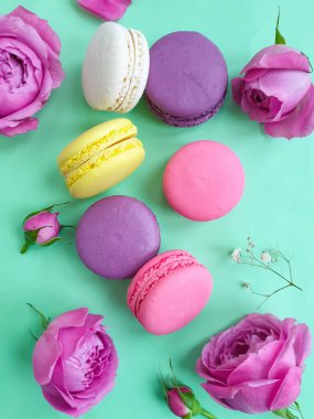 çok renkli badem kurabiyesi, renkli bir arka planda gül çiçeği.