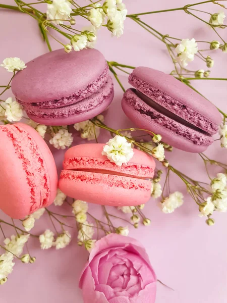 Veelkleurige Macaroon Rozenbloem Een Gekleurde Achtergrond — Stockfoto