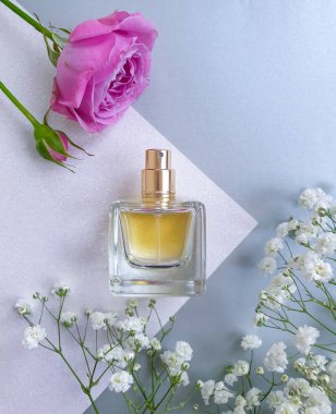 Renkli arka planda bir şişe parfümü çiçeği.