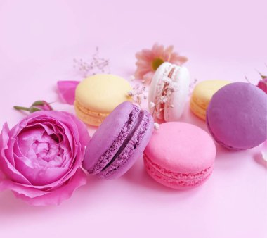 çok renkli badem kurabiyesi, renkli bir arka planda gül çiçeği.