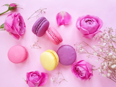 çok renkli badem kurabiyesi, renkli bir arka planda gül çiçeği.