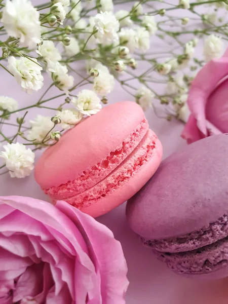 Veelkleurige Macaroon Rozenbloem Een Gekleurde Achtergrond — Stockfoto