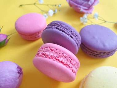 çok renkli badem kurabiyesi, renkli bir arka planda gül çiçeği.