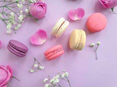 çok renkli badem kurabiyesi, renkli bir arka planda gül çiçeği.