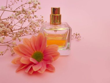 Renkli arka planda bir şişe parfümü çiçeği.