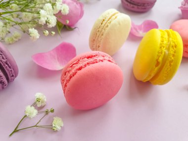 çok renkli badem kurabiyesi, renkli bir arka planda gül çiçeği.