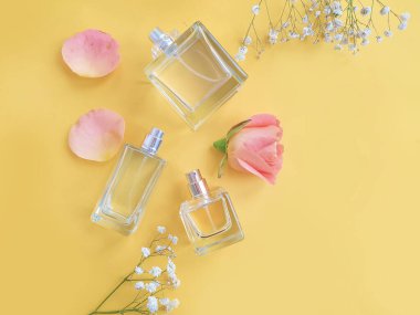 Renkli arka planda bir şişe parfümü çiçeği.