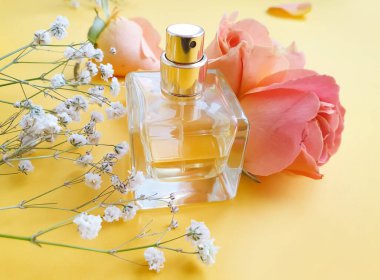 Renkli arka planda bir şişe parfümü çiçeği.