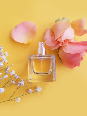 Renkli arka planda bir şişe parfümü çiçeği.