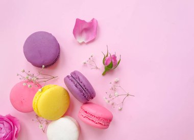 çok renkli badem kurabiyesi, renkli bir arka planda gül çiçeği.