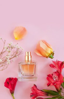 Renkli arka planda bir şişe parfümü çiçeği.