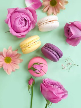 çok renkli badem kurabiyesi, renkli bir arka planda gül çiçeği.