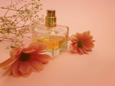 Renkli arka planda bir şişe parfümü çiçeği.