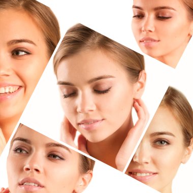 Güzel bir kadın yüzüne yakın kolaj yapıyor.