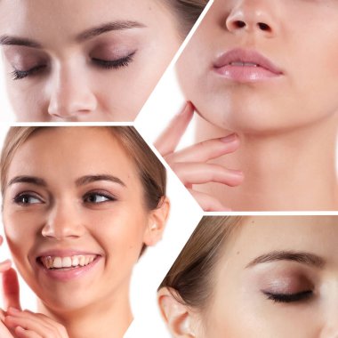 Güzel bir kadın yüzüne yakın kolaj yapıyor.