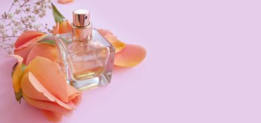 Renkli arka planda bir şişe parfümü çiçeği.