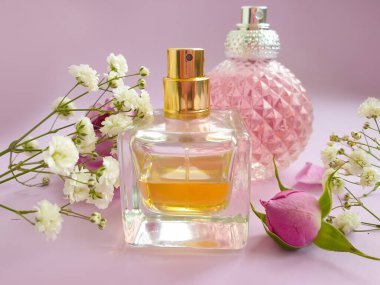 Renkli arka planda bir şişe parfümü çiçeği.