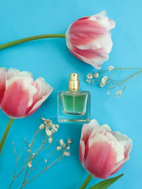 Renkli arka planda bir şişe parfüm çiçeği lalesi.
