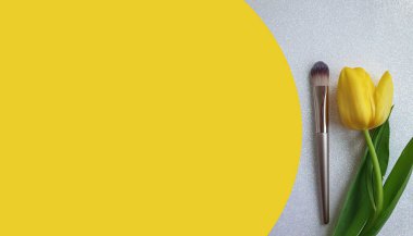 Makyaj fırçası, renkli arka planda lale çiçeği