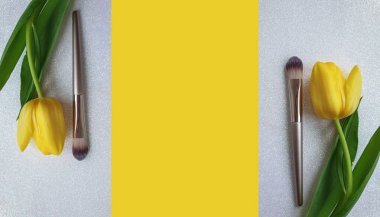 Makyaj fırçası, renkli arka planda lale çiçeği