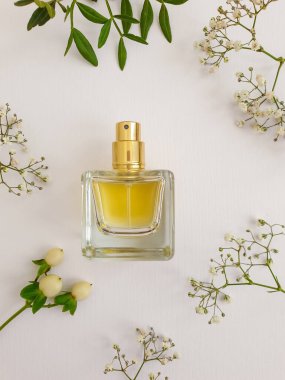 Renkli arka planda bir şişe parfümü çiçeği.