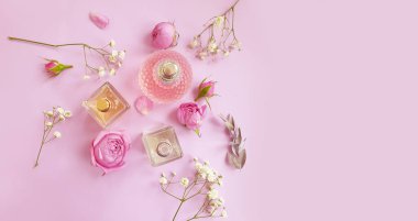 Renkli arka planda bir şişe parfümü çiçeği.