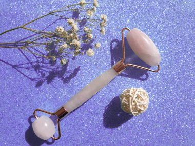  Kuvars masaj silindiri, renkli arka planda çingene çiçeği.