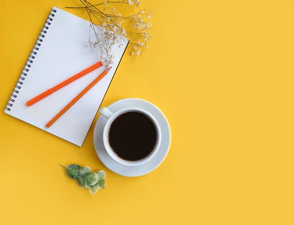 Notizbuch Kaffeetasse Zigeunerblume Auf Farbigem Hintergrund — Stockfoto