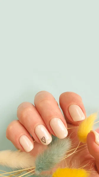 Manicura Beige Hermosa Mano Femenina Sobre Fondo Color —  Fotos de Stock