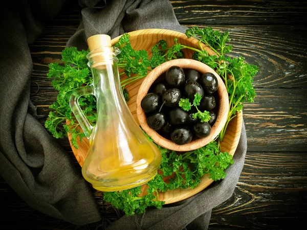 Olio Oliva Olive Nere Fondo Legno — Foto Stock