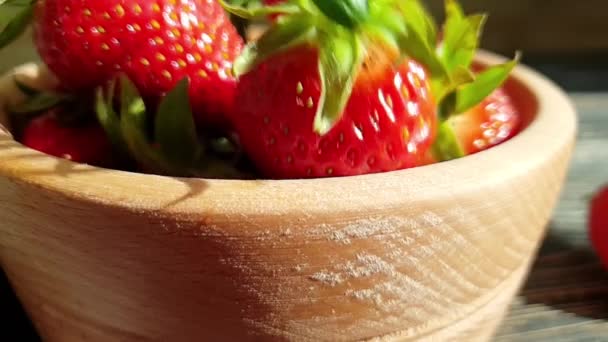 Fresh Strawberries Wooden Background Slow Motion — Stock Video