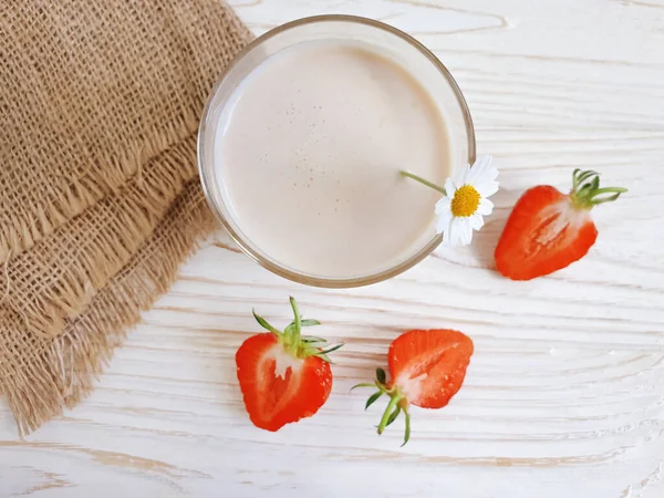 Fresh Milk Strawberries Wooden Background — Stock Photo, Image