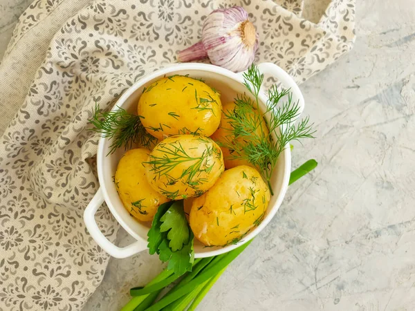 Young Boiled Potatoes Dill Background Garlic — Stock Photo, Image