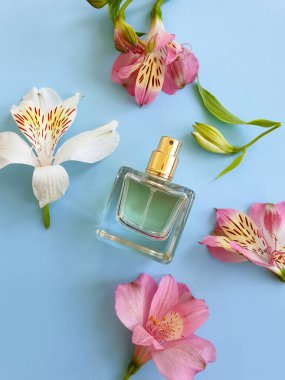 Renkli arka planda parfüm şişesi çiçeği