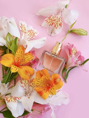 Renkli arka planda parfüm şişesi çiçeği