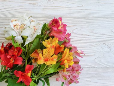 Ahşap zemin üzerinde alstroemeria çiçeği