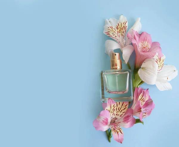 Flor Botella Perfume Esencia Fondo Color — Foto de Stock