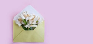 Zarf, alstroemeria çiçeği renkli bir arkaplanda