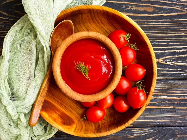Tomatenketchup Auf Holzgrund Traditionell — Stockfoto