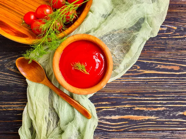 Tomatenketchup Auf Holzgrund Traditionell — Stockfoto